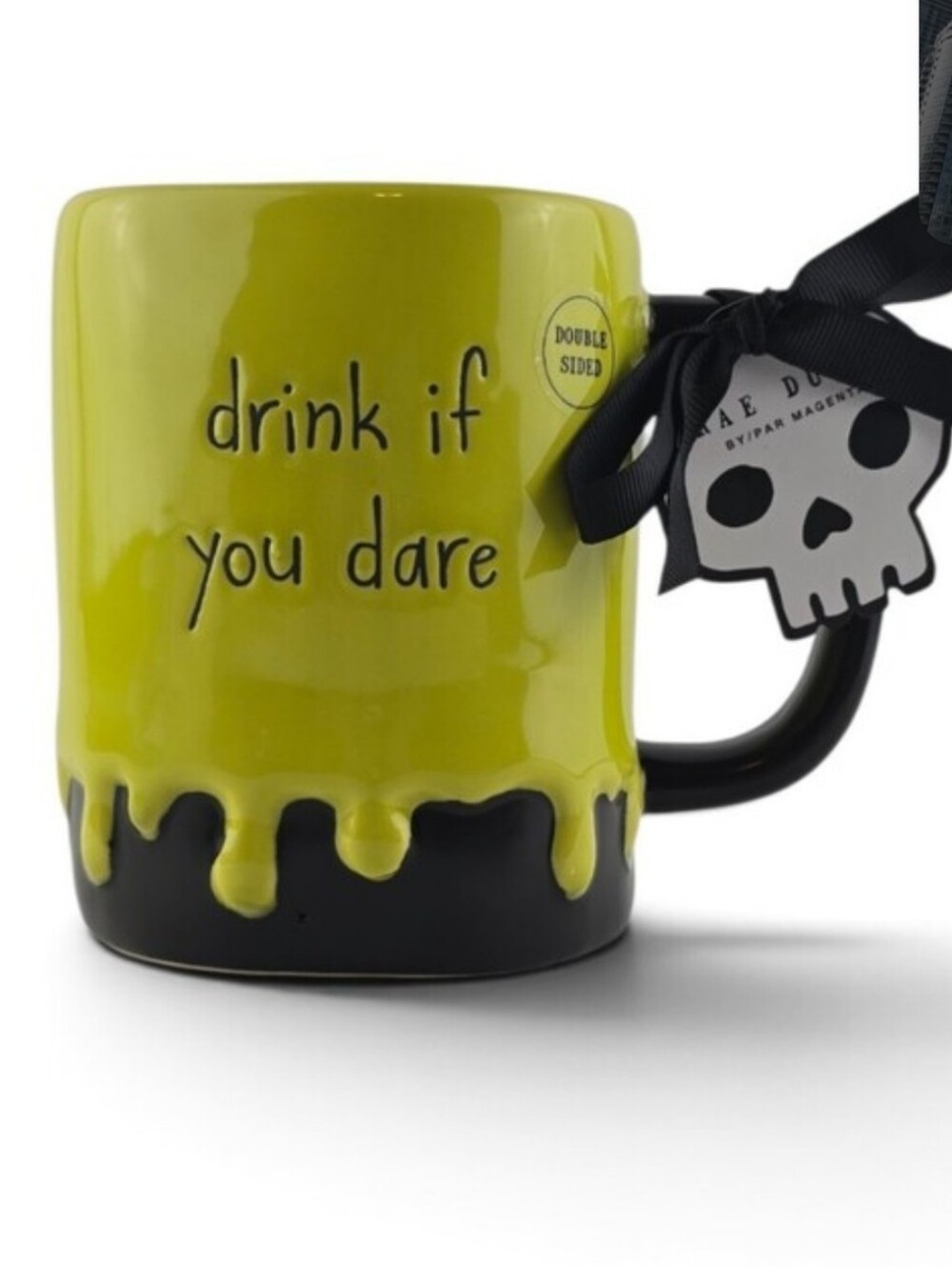 Rae Dunn Lime Green Drip Ceramic Mug Black “Drink If You Dare” Skull Crossbones